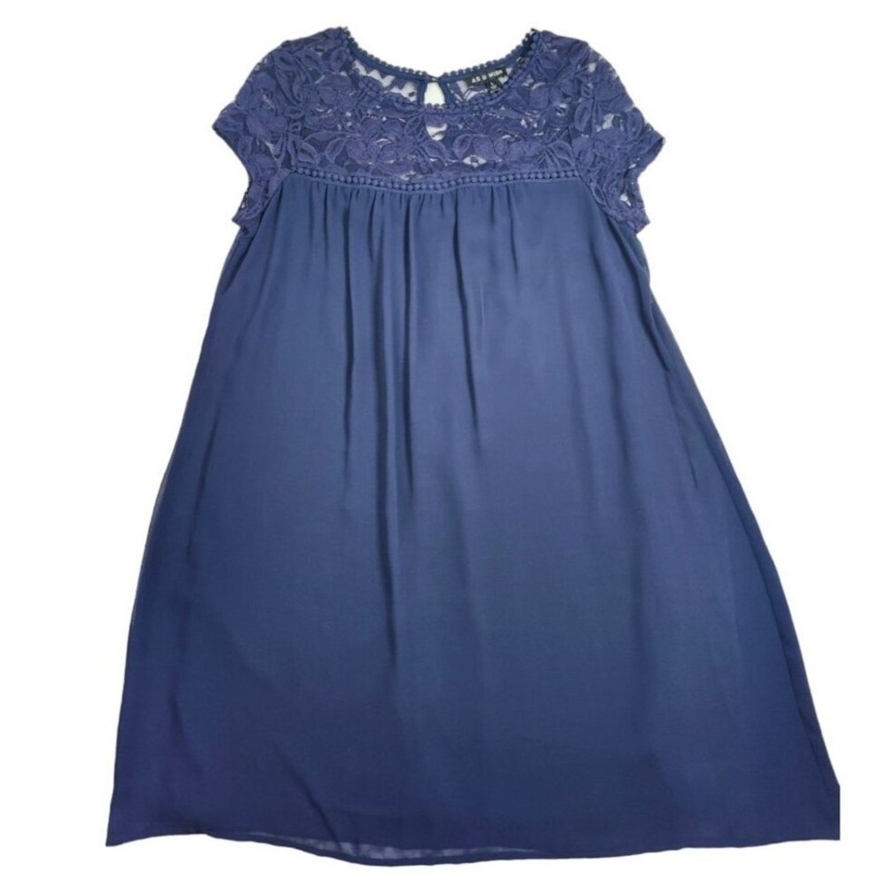 As U Wish Navy Blue Lace Yoke Babydoll Dress Cap Sleeve Keyhole Back Size L